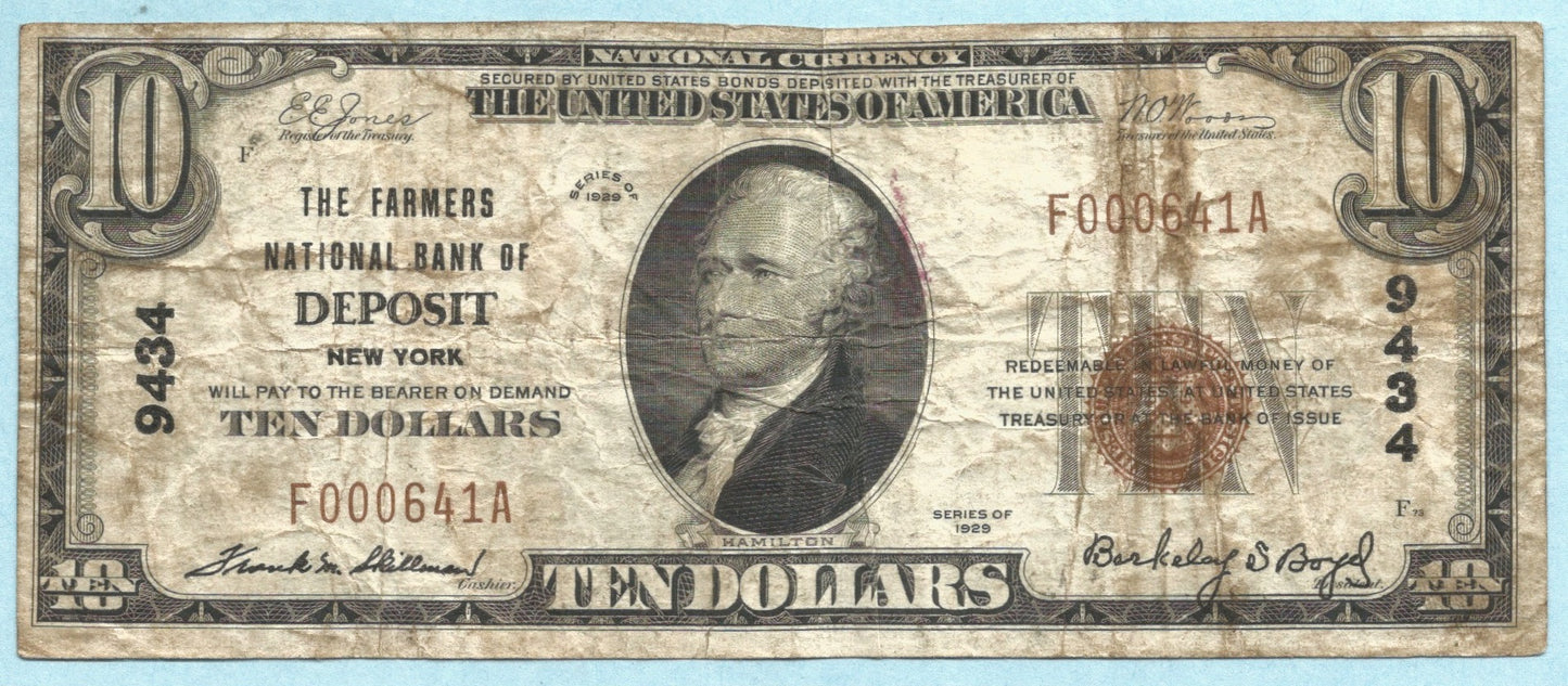 $10 National Currency 1929-T1 - Ch#9434 - Farmers NB, Deposit, NY - VF