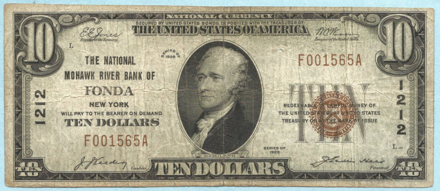 $10 National Currency 1929-T1 Ch#1212 National Mohawk River Bank, Fonda, NY - VF