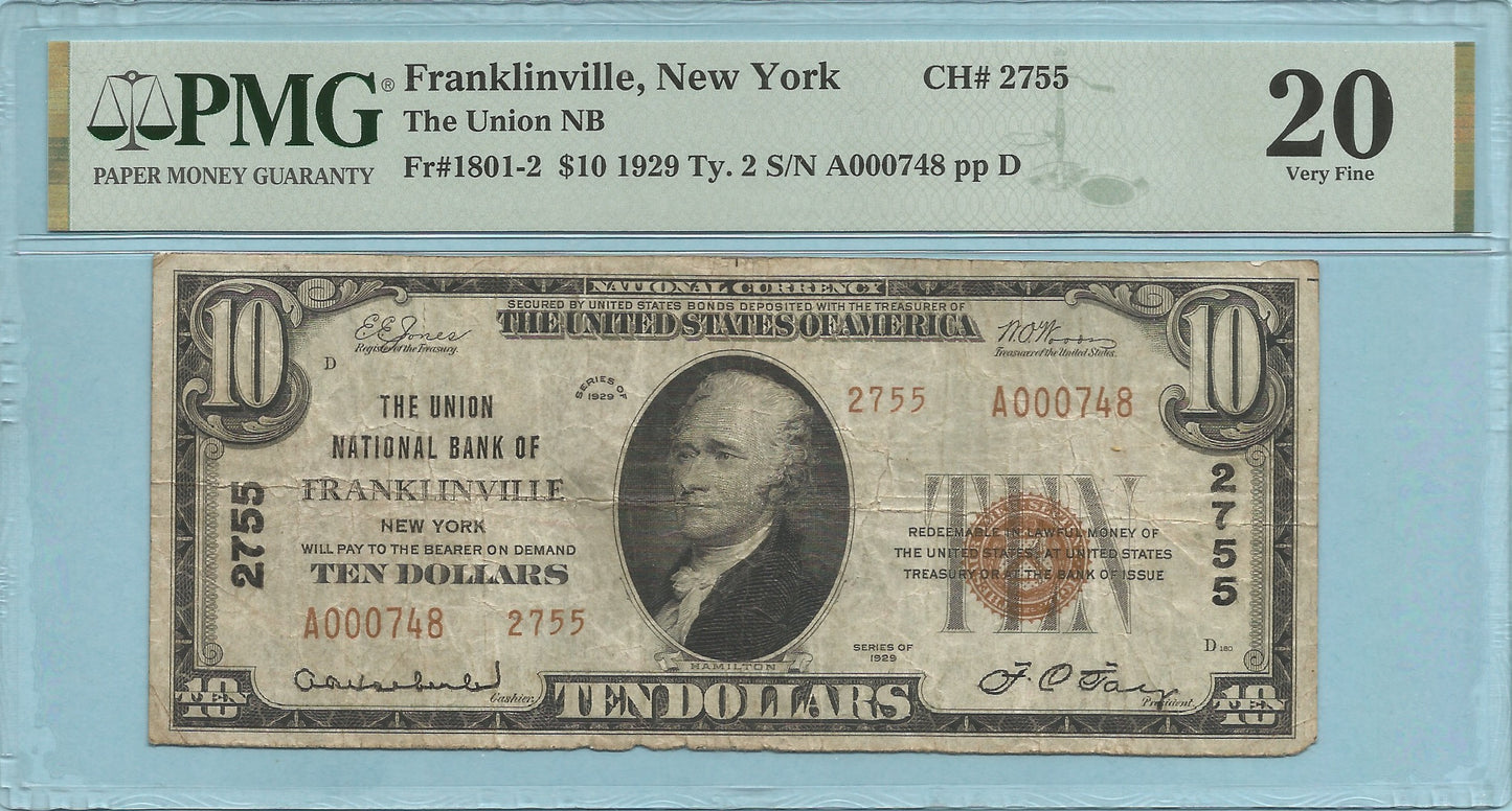 $10 National Currency 1929-T2 - Ch#2755 - Union NB, Franklinville, NY - PMG 20