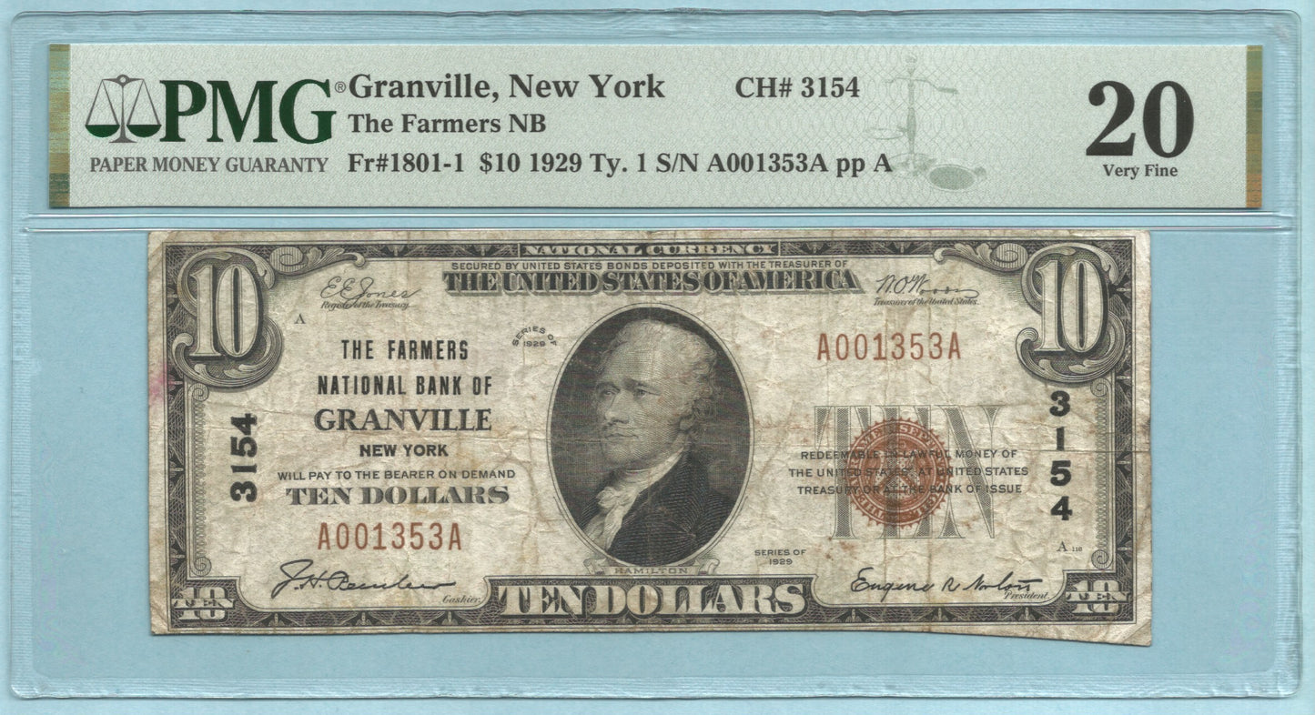 $10 National Currency 1929 T1 - Ch#3154 - Farmers NB, Granville, NY - PMG 20