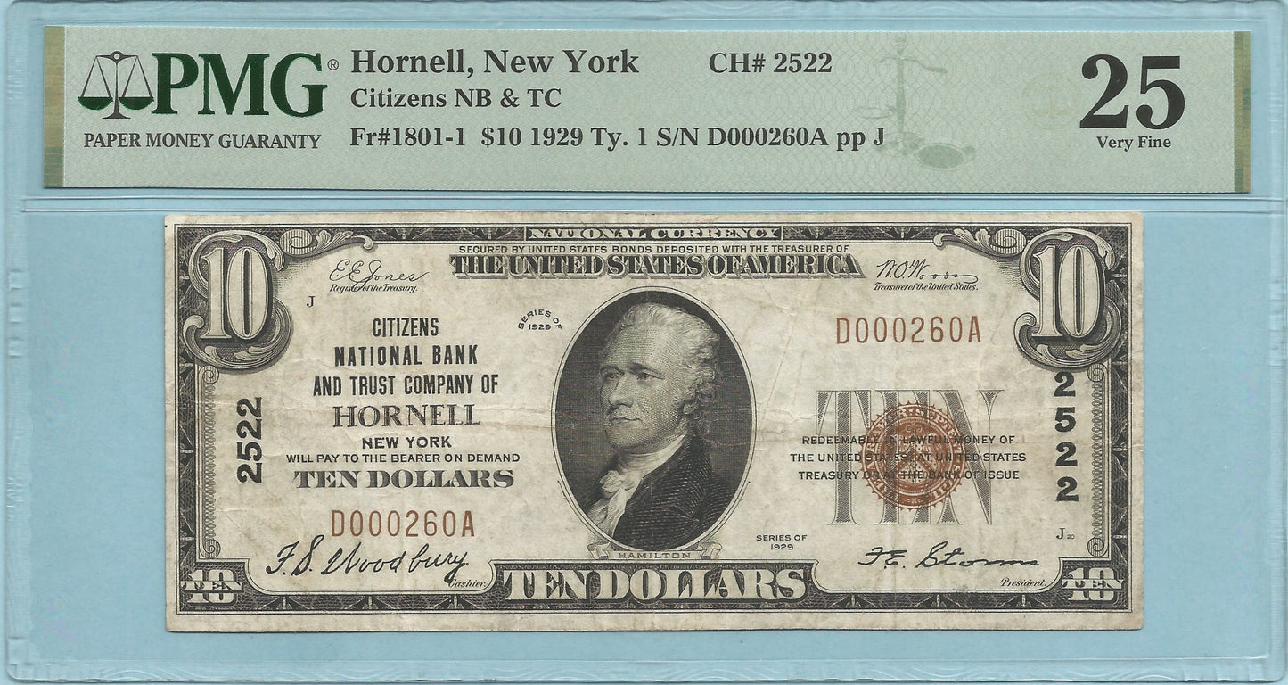$10 National Currency 1929-T1 - Ch#2522 - Citizens NB&TC, Hornell, NY - PMG 25