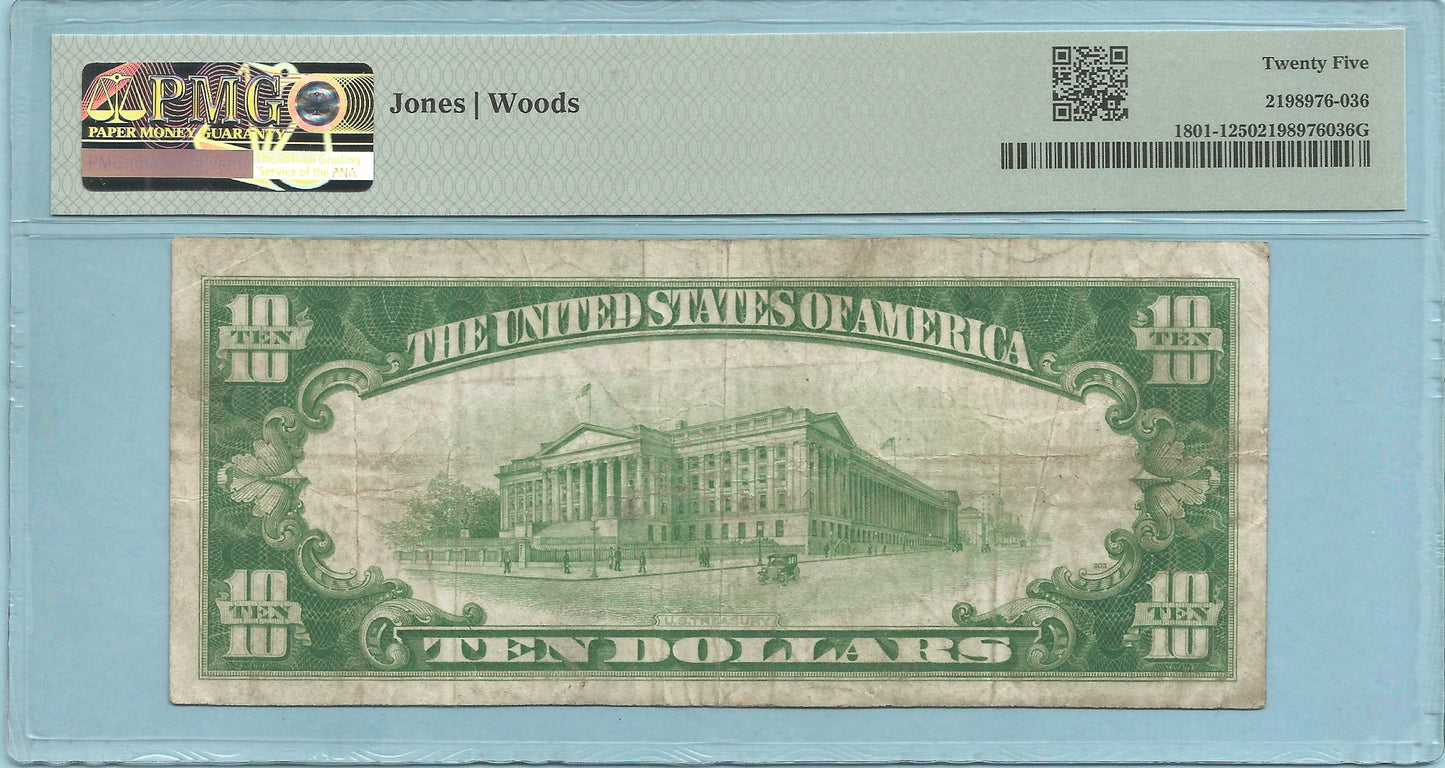 $10 National Currency 1929-T1 - Ch#2522 - Citizens NB&TC, Hornell, NY - PMG 25