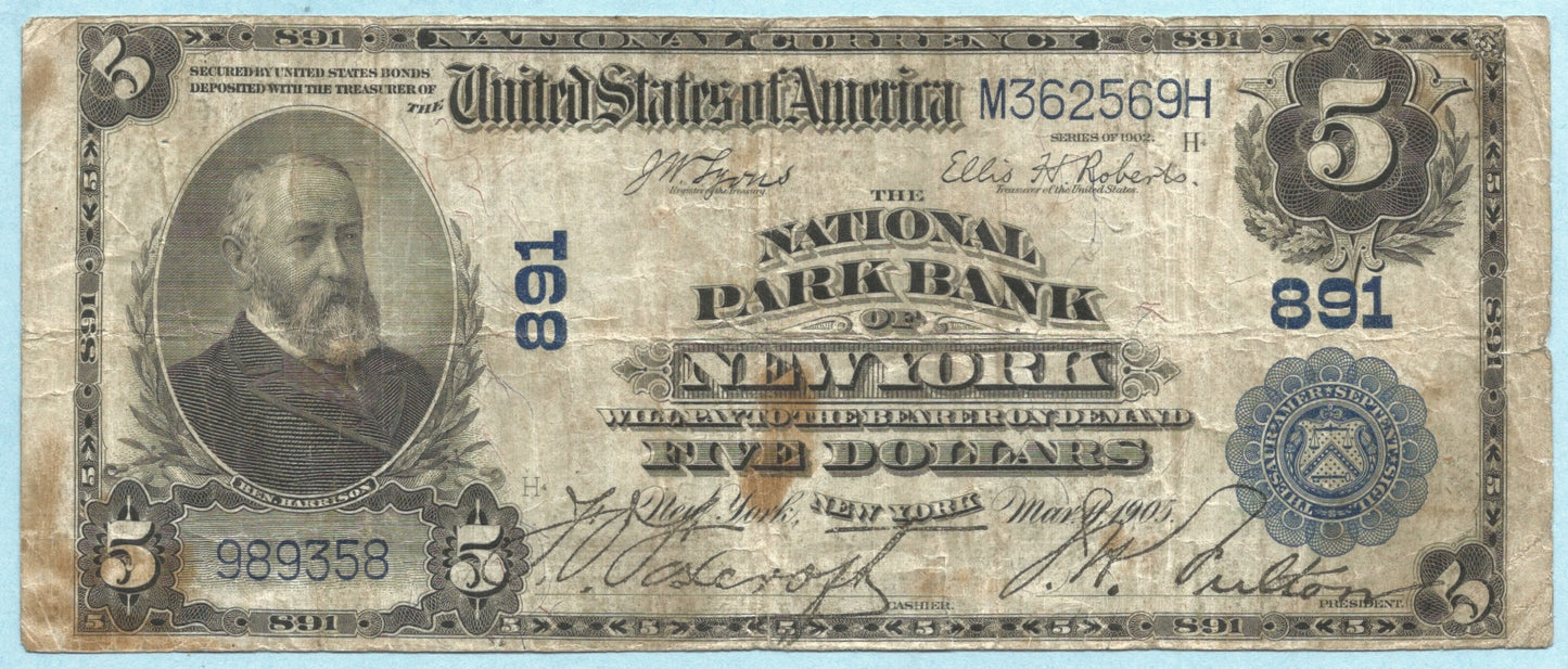 $5 National Currency 1902-PB - Ch#891 - National Park Bank, New York, NY - F+