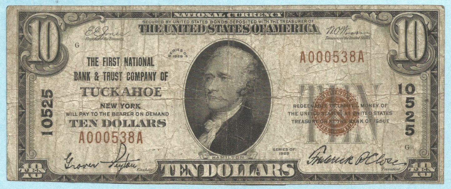 $10 National Currency 1929-T1 - Ch#10525 - 1st NB & TC, Tuckahoe, NY - F+