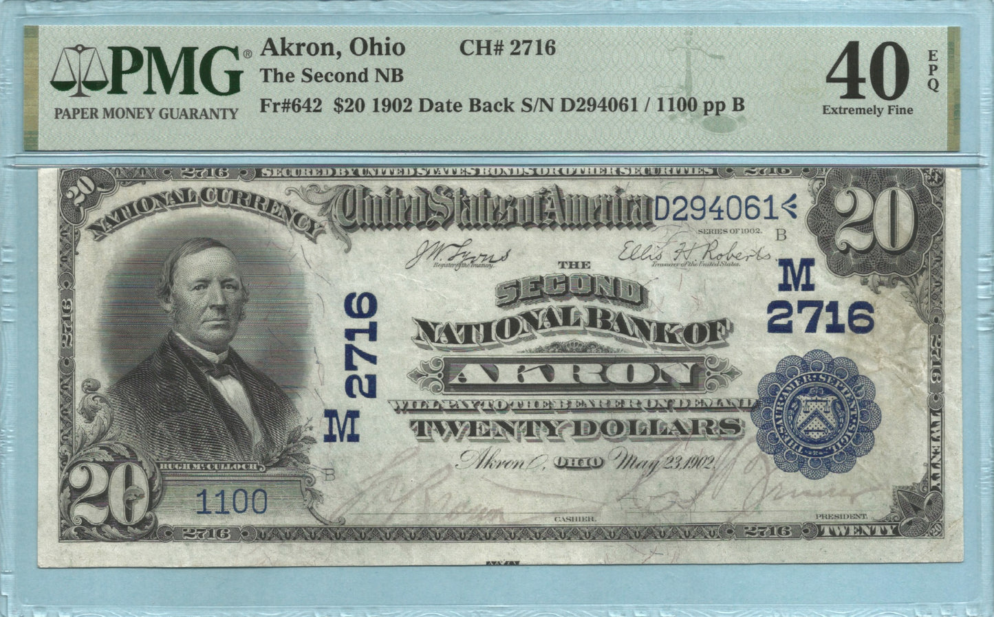 $20 National Currency 1902-DB Ch#2716 - 2nd National Bank, Akron, OH - PMG 40 EPQ