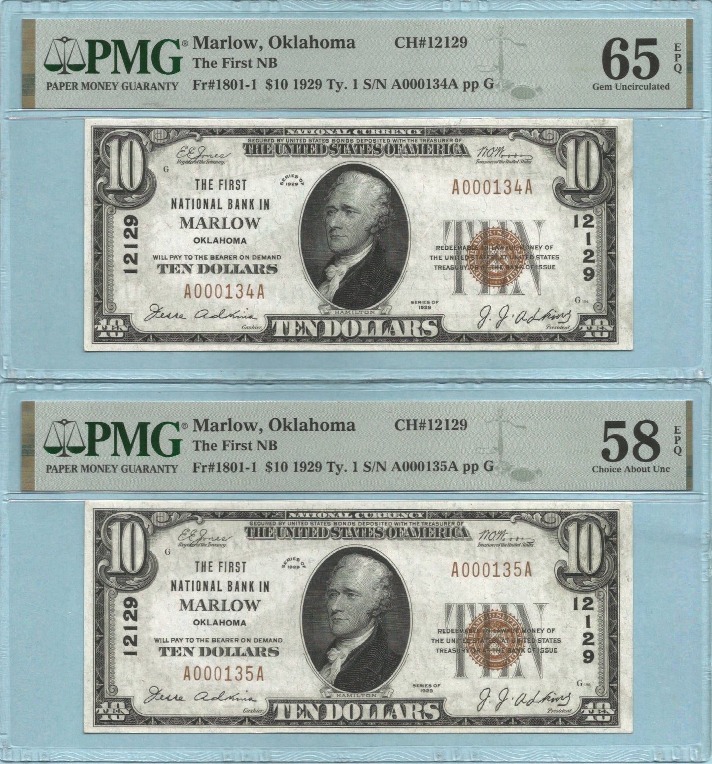 $10 National Currency - 1929-T1 - Ch#12129 - 1st NB, Marlow, OK - 6 Consecutive Notes