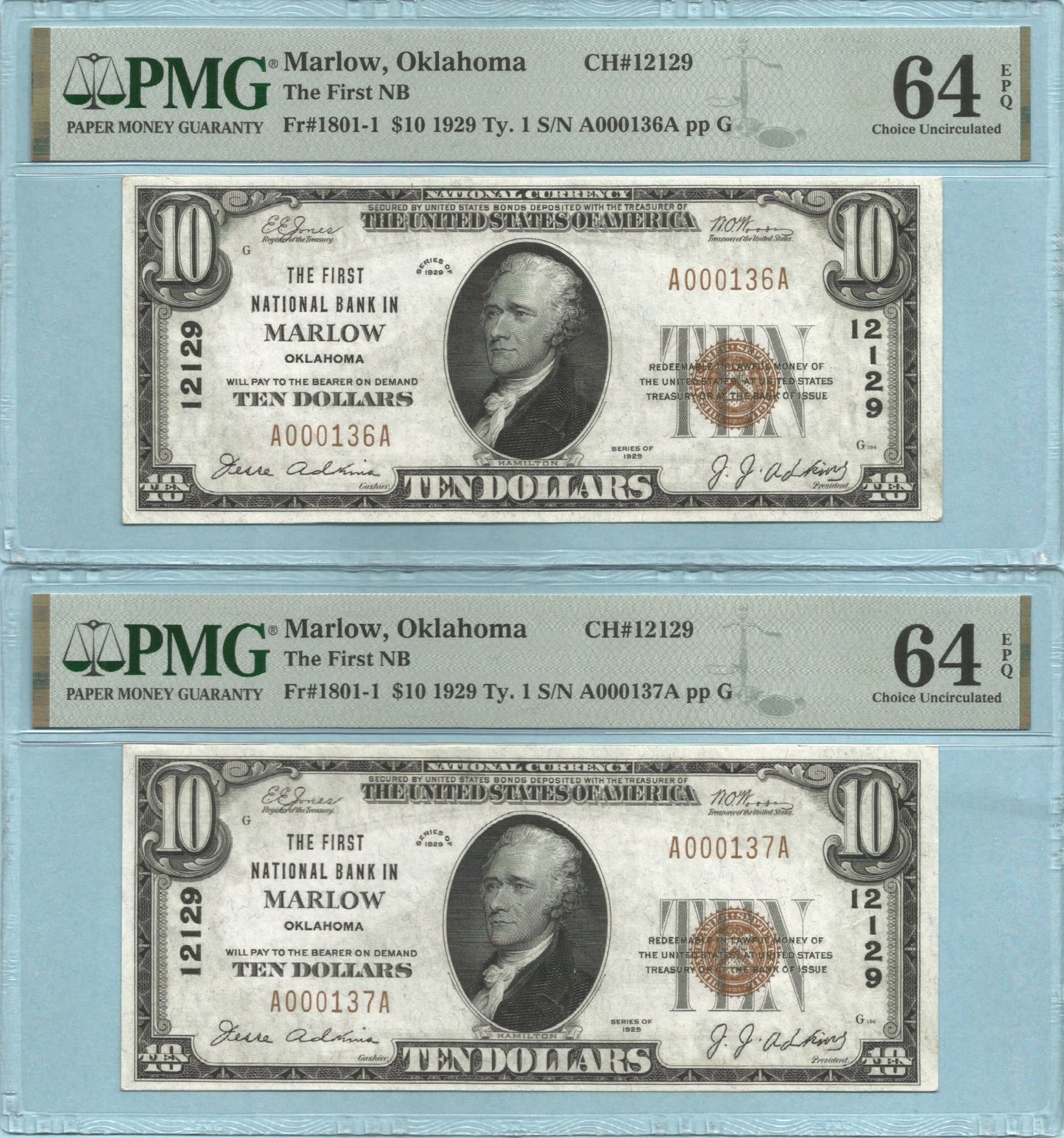 $10 National Currency - 1929-T1 - Ch#12129 - 1st NB, Marlow, OK - 6 Consecutive Notes
