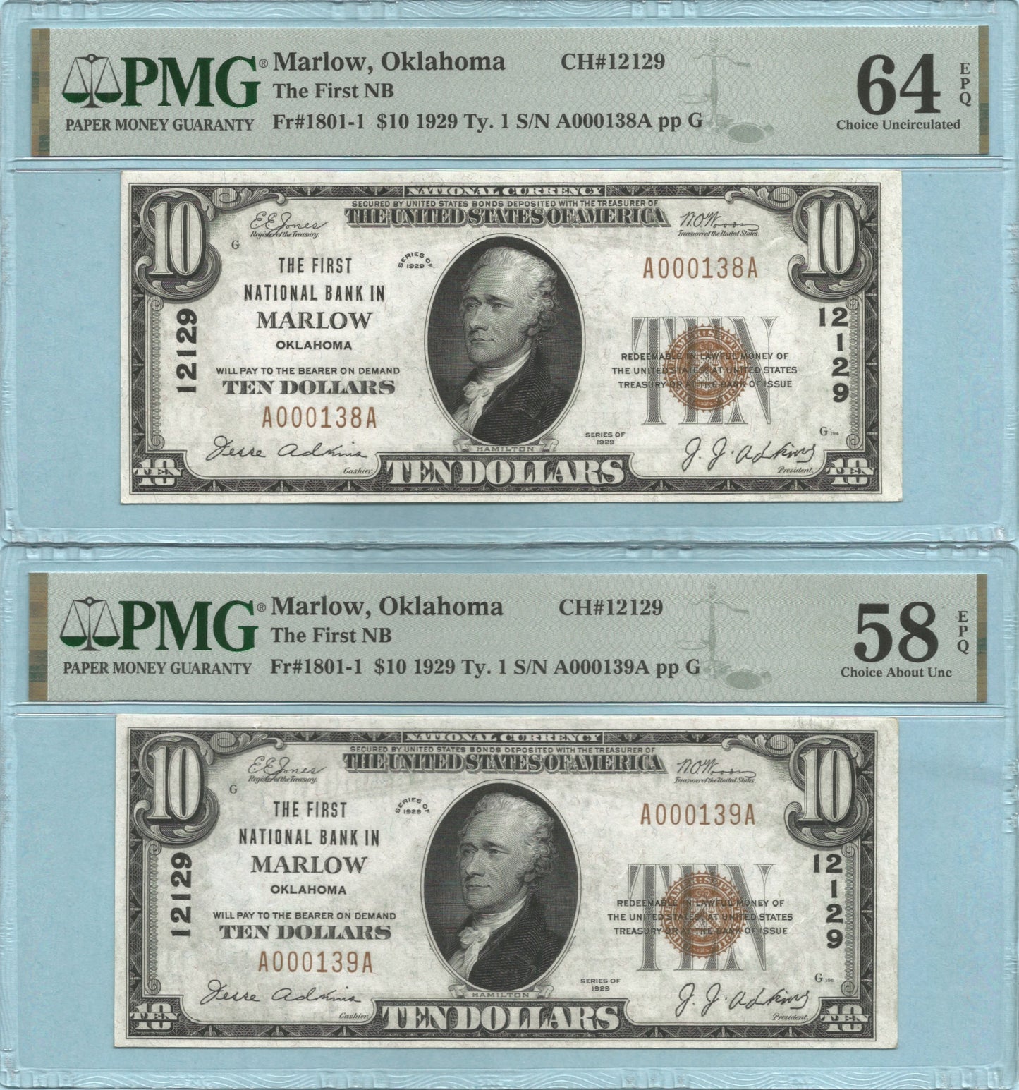 $10 National Currency - 1929-T1 - Ch#12129 - 1st NB, Marlow, OK - 6 Consecutive Notes
