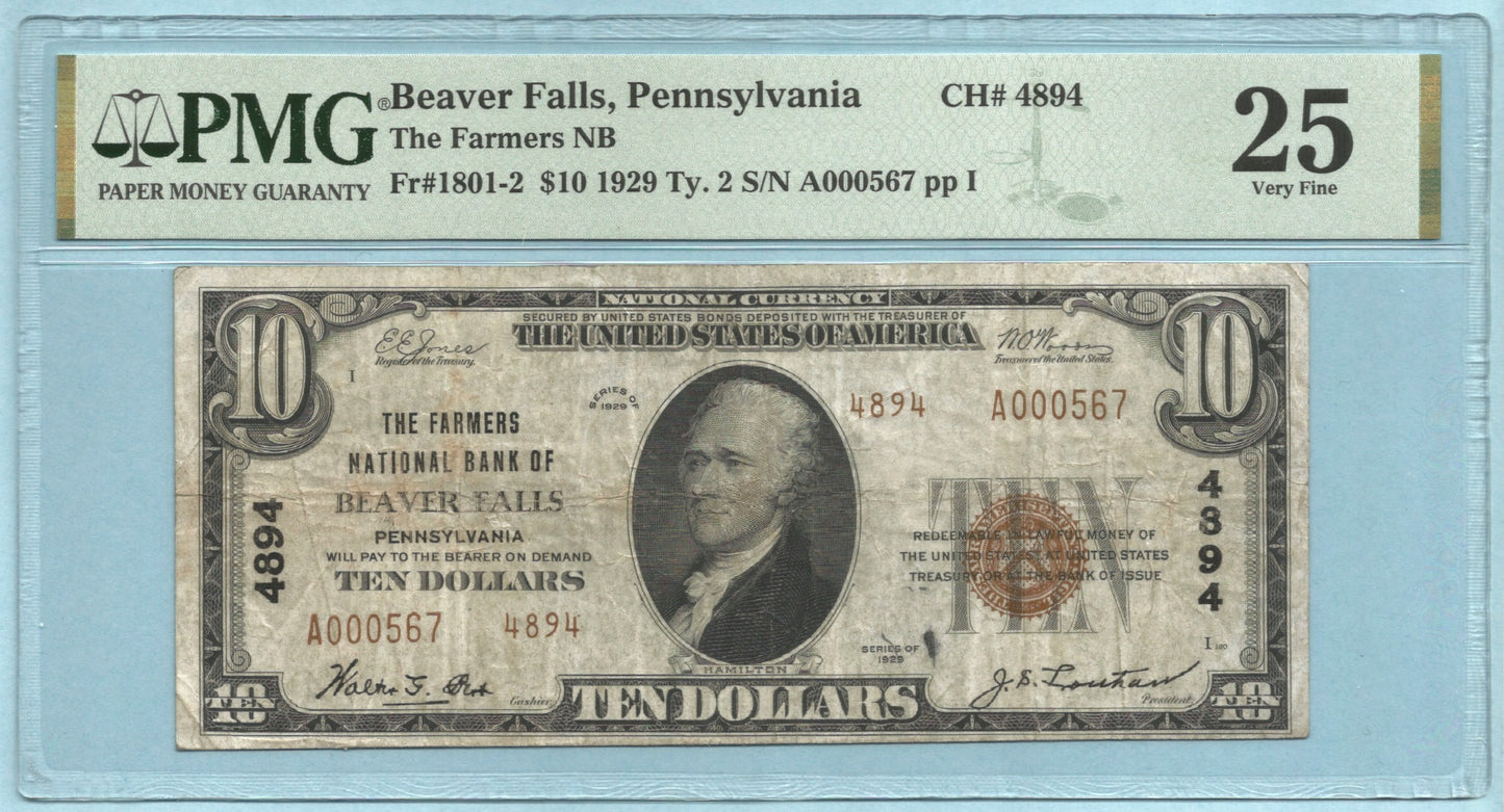 $10 National Currency 1929-T2 - Ch#4894 - Farmers NB, Beaver Falls, PA - PMG 25