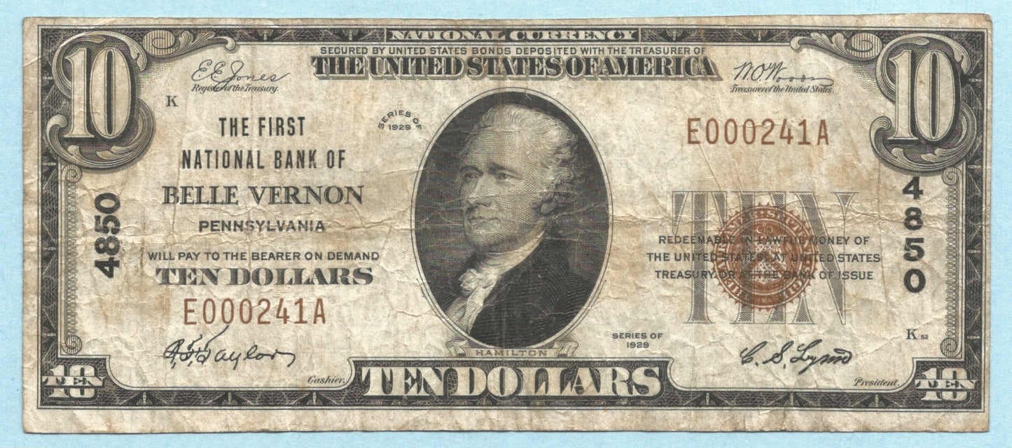 $10 National Currency 1929 - Type 1 - Ch#4850 - 1st NB, Belle Vernon, PA - VF