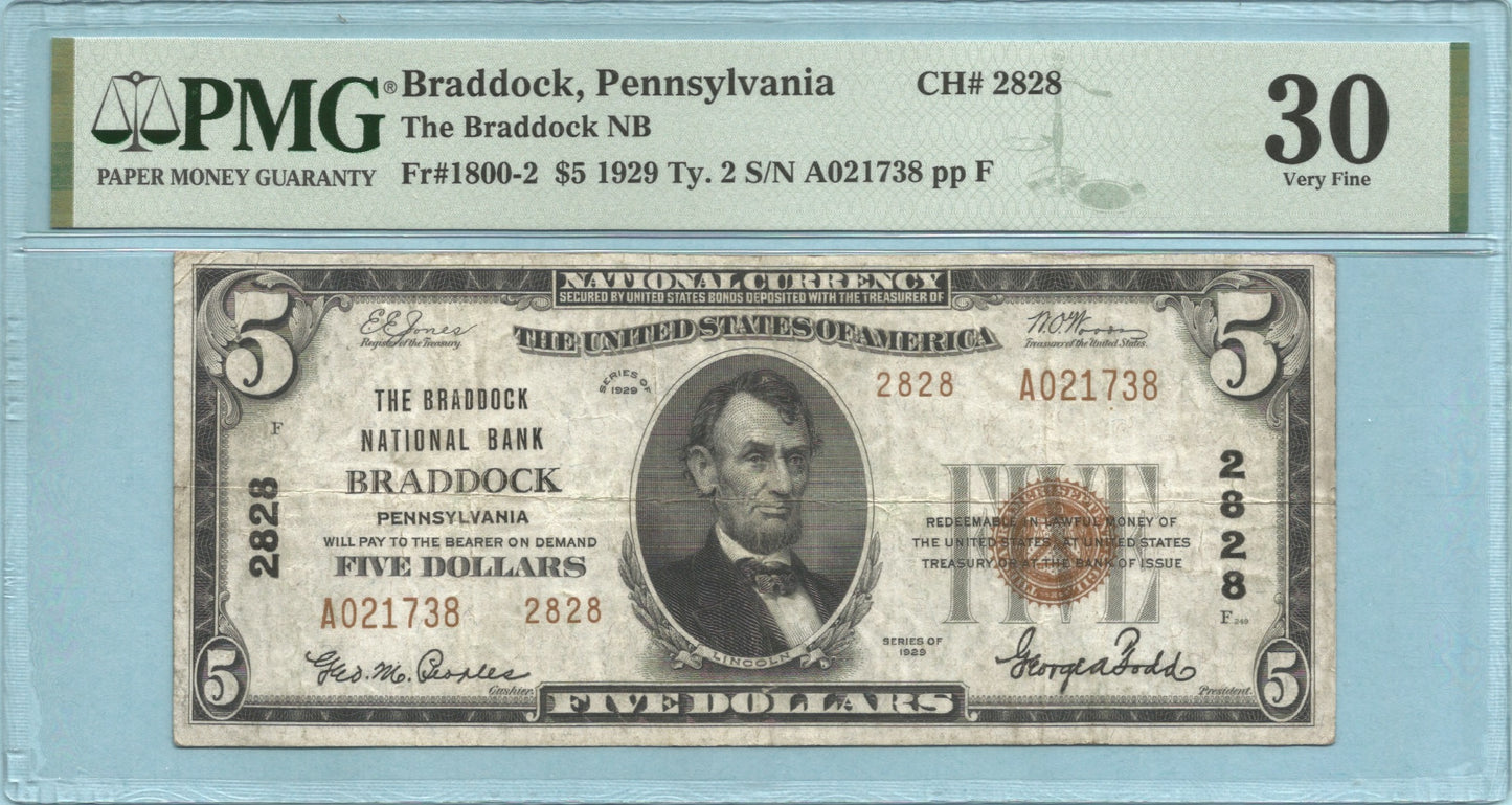 $5 National Currency 1929-T2 - Ch#2828 - Braddock NB, Braddock, PA - PMG 30