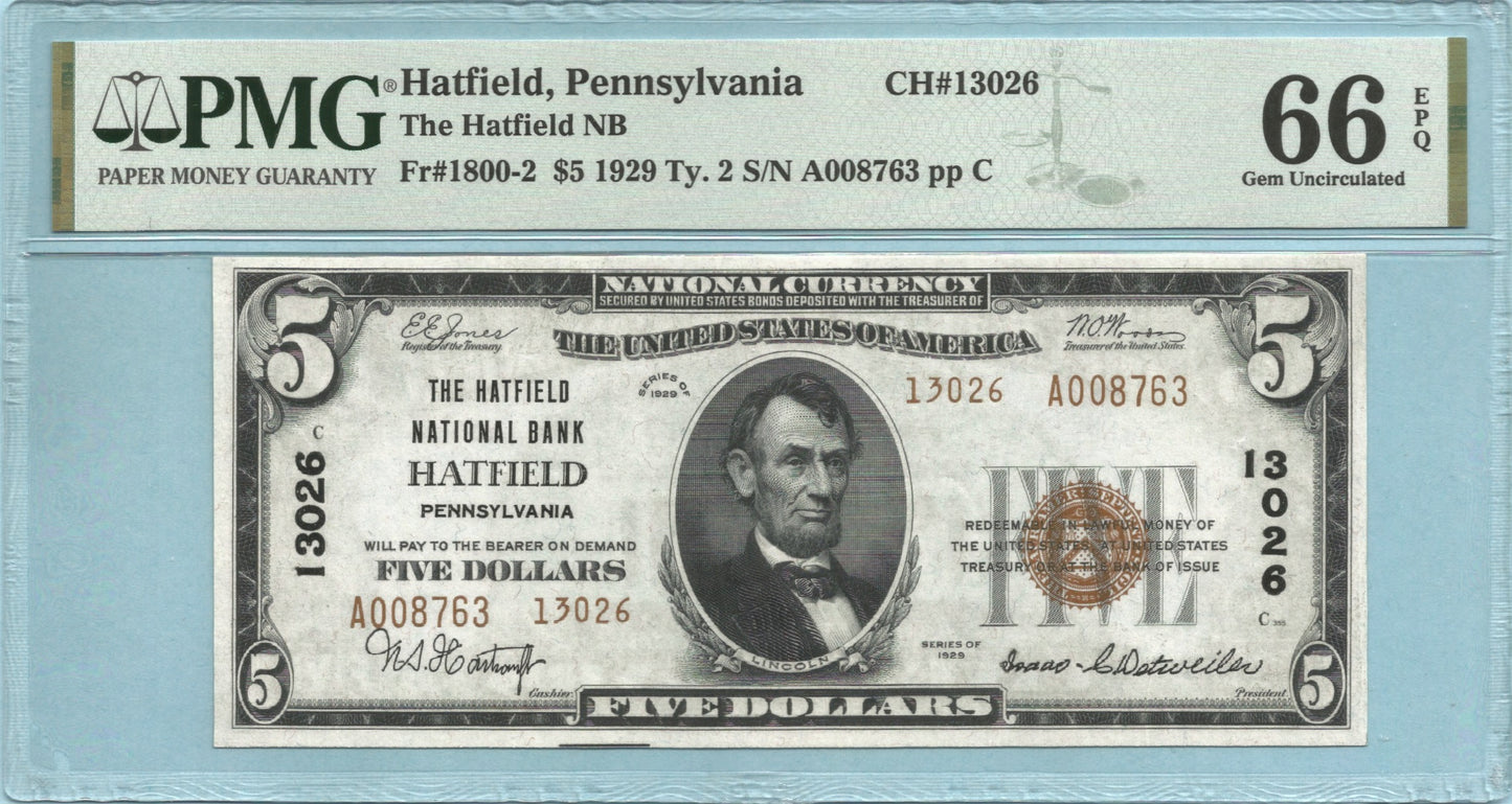 $5 National Currency 1929-T2 - Ch#13026 - Hatfield NB, Hatfield, PA - PMG 66 EPQ