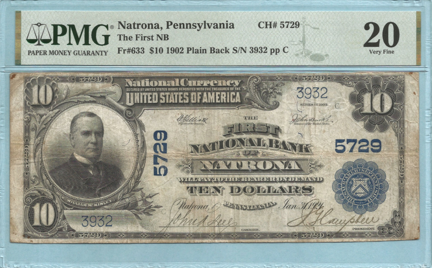 $10 National Currency 1902-PB - Ch#5729 - 1st NB, Natrona, PA - PMG 20