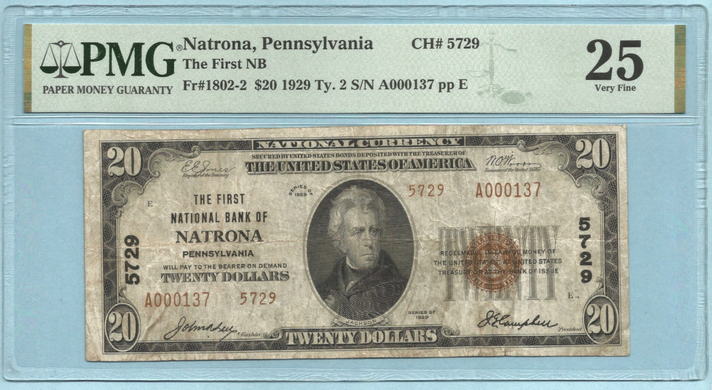 $20 National Currency 1929-T2 - Ch#5729 - 1st NB, Natrona, PA - PMG 25