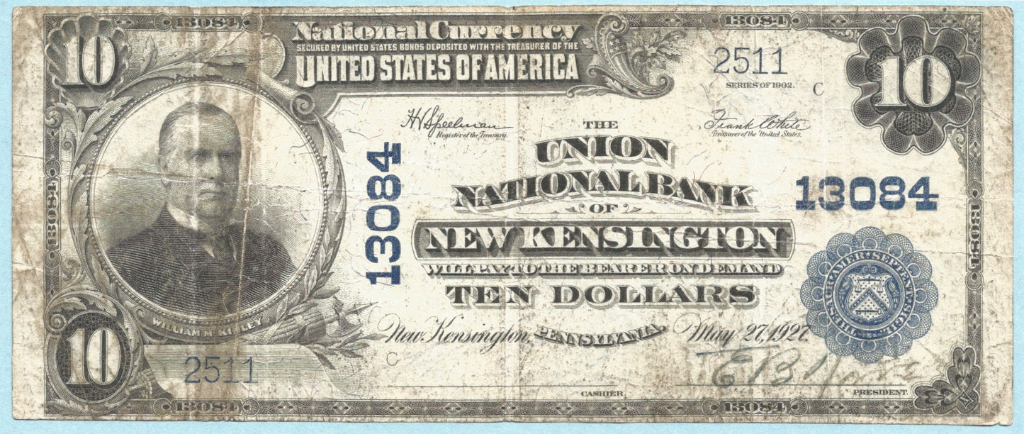 $10 National Currency 1902-PB Ch#13084 - Union NB, New Kensington, PA - VF