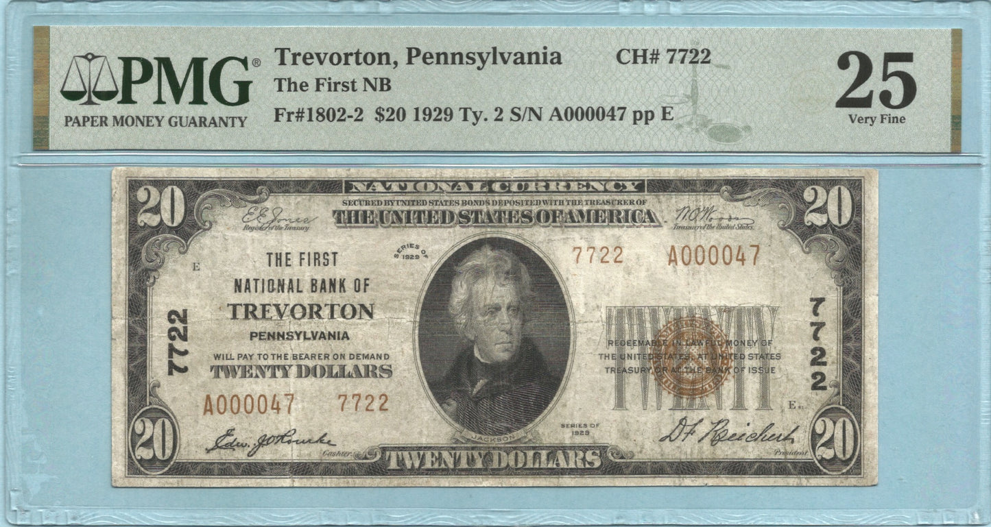 $20 National Currency 1929-T2 - Ch#7722 - 1st NB, Trevorton, PA - PMG 25