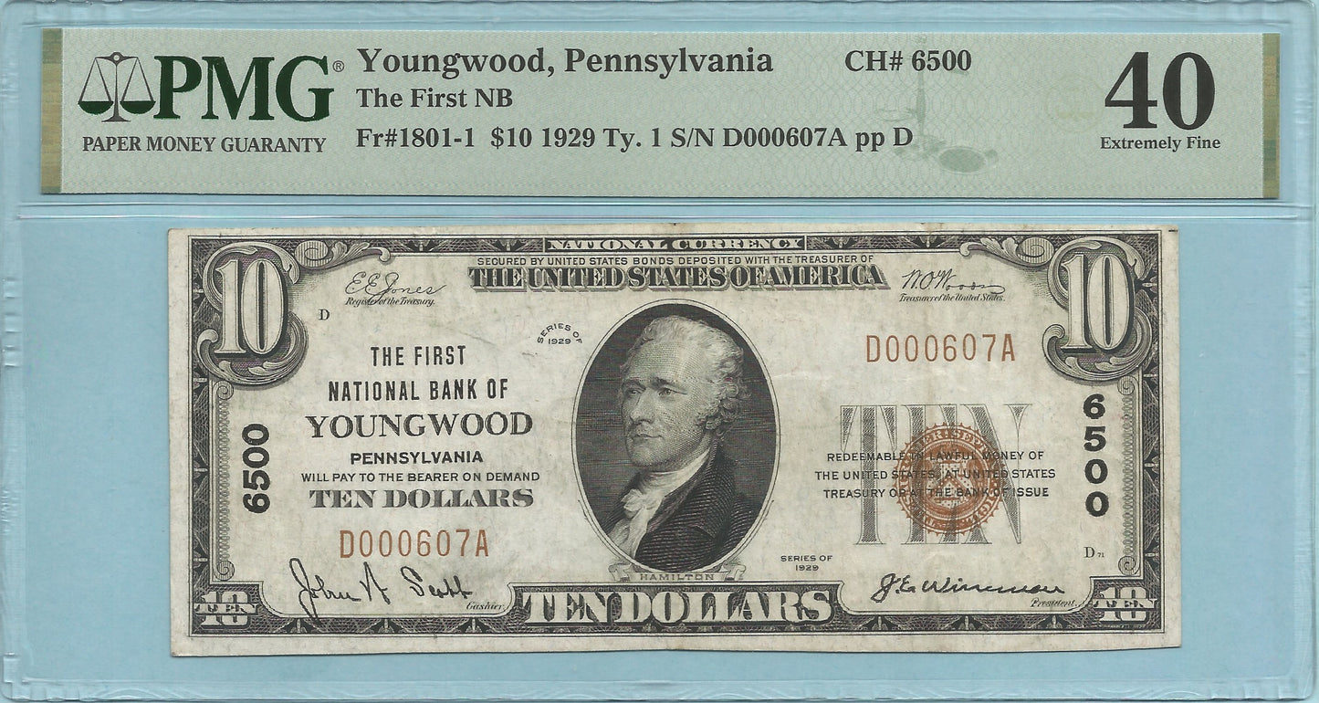 $10 National Currency 1929-T1 - Ch#6500 - 1st NB, Youngwood, PA - PMG 40