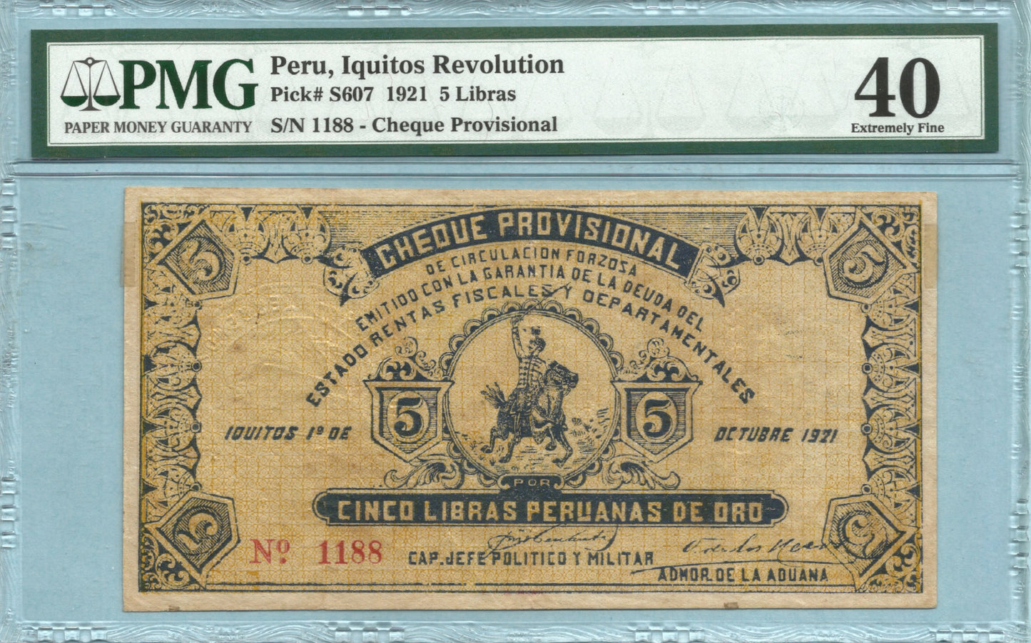 Peru - Iquitos Revolution 5 Libras - 1.10.1921 - P#S607 - PMG 40