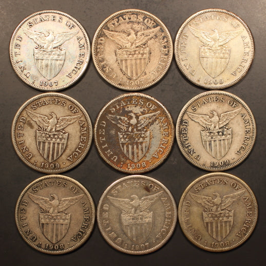 Philippines Peso 1907-S(6) 1908-S(6) 1909(6) - 18pcs - Avg F-VF Details