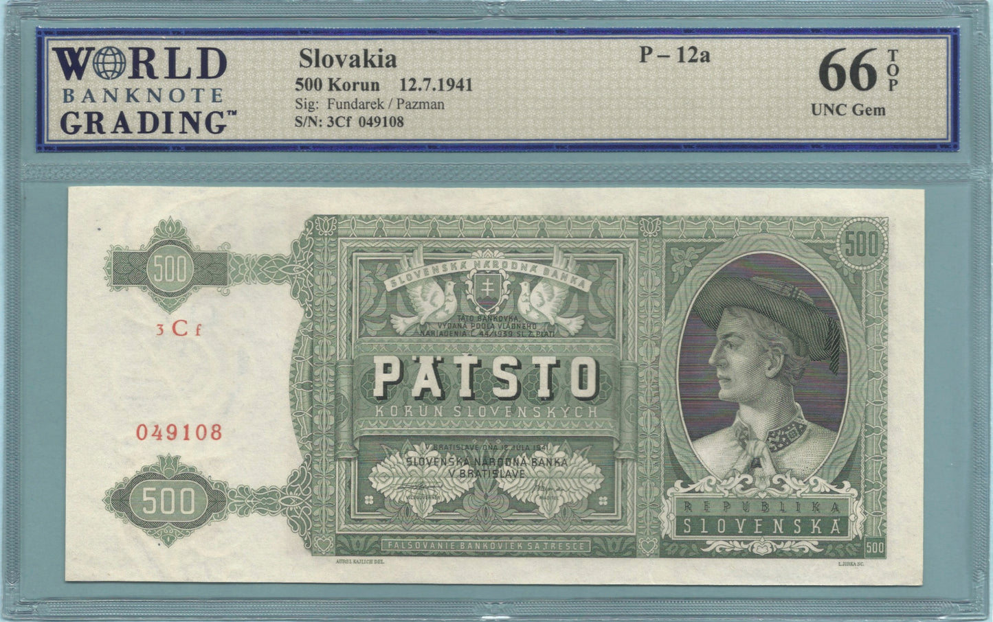 Slovakia 500 Korun - 12.7.1941 - P#12a - WBG 66 TOP