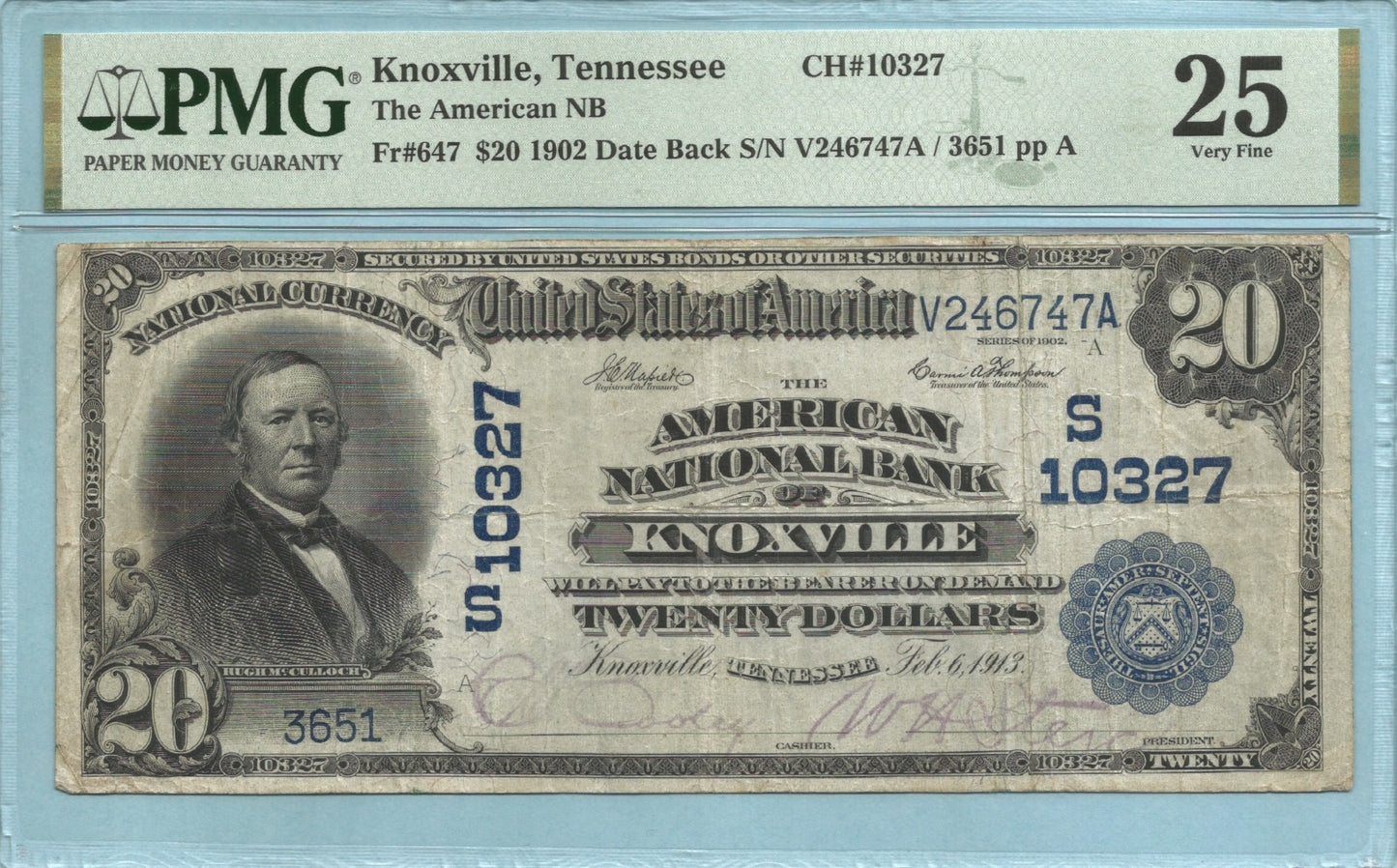 $20 National Currency 1902-DB Ch#10327 - American NB, Knoxville, TN - PMG 25