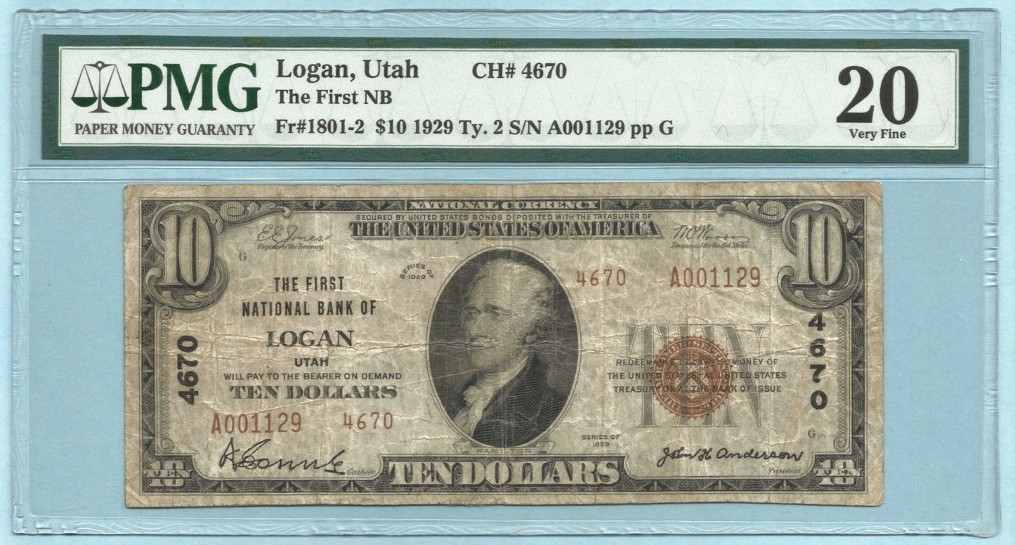 $10 National Currency 1929-T2 - Ch#4670 - 1st NB, Logan, UT - PMG 20