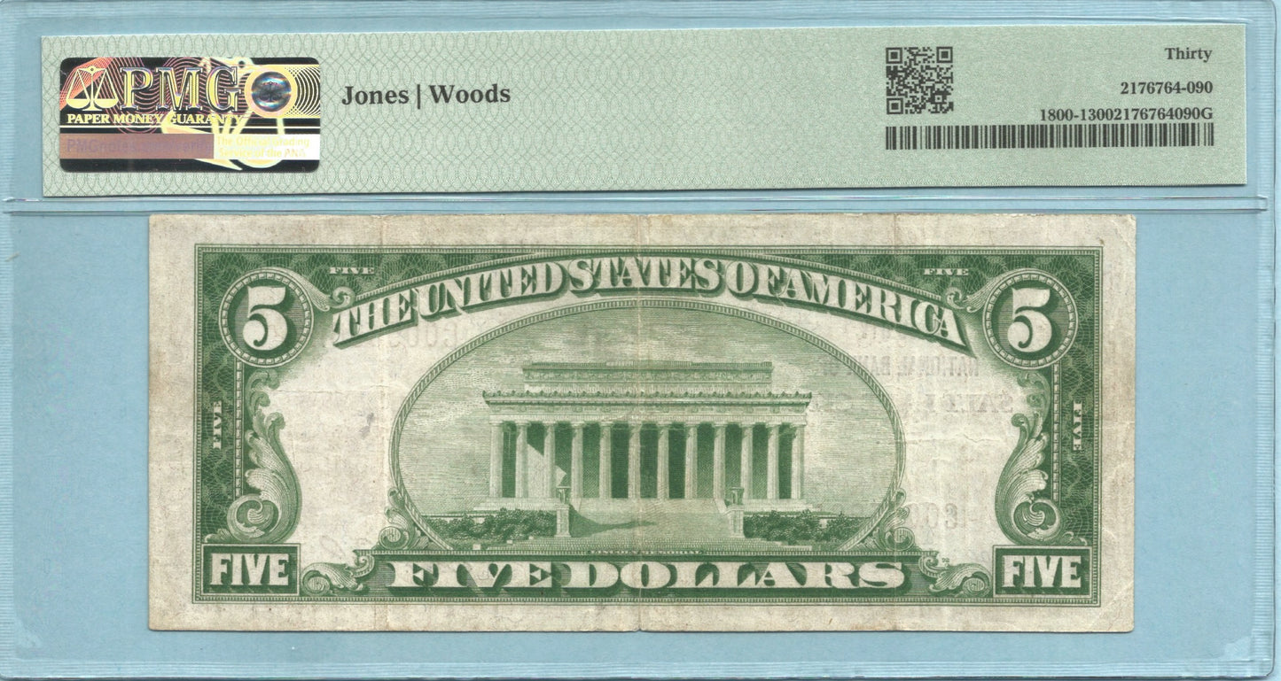 $5 National Currency 1929-T1 - Ch#9652 - Security NB, Salt Lake City, UT - PMG 30