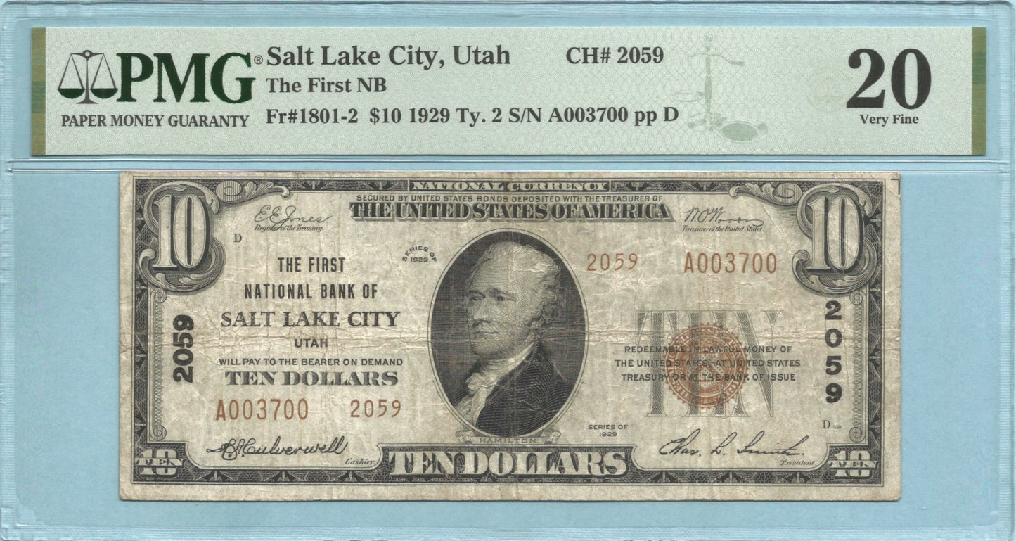 $10 National Currency 1929-T2 - Ch#2059 - 1st NB, Salt Lake City, UT - PMG 20