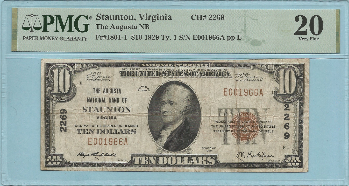 $10 National Currency 1929-T1 - Ch#2269 - Augusta NB, Staunton, VA - PMG 20