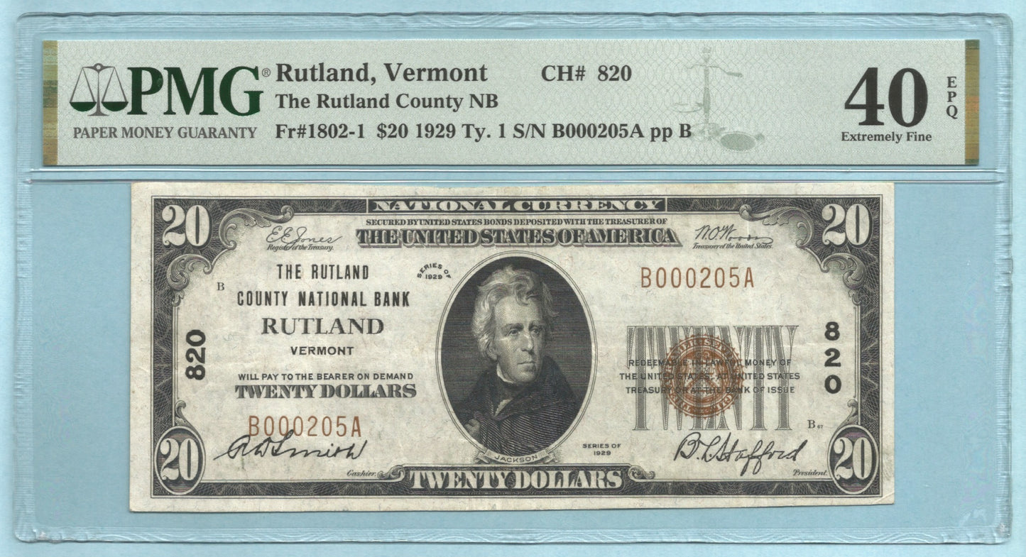 $20 National Currency 1929-T1 - Ch#820 - Rutland County NB, Rutland, VT - PMG 40 EPQ