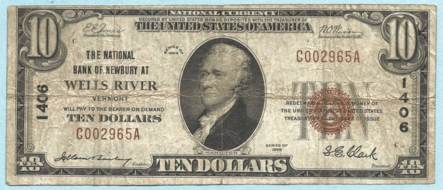$10 National Currency 1929-T1 - Ch#1406 - NB of Newbury, Wells River, VT - VF