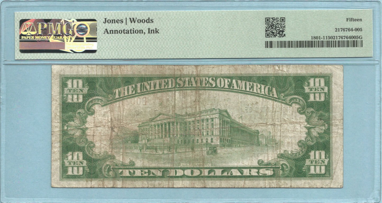 $10 National Currency 1929-T1 - Ch#3417 - 1st NB, Tacoma, WA - PMG 15