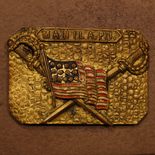 Philippines American Flag Swords Belt Buckle "Manila P.I." c.1900 Brass 70x48mm