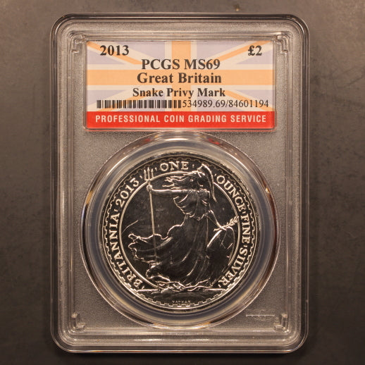 Great Britain 2 Pounds 2013 Ounce PCGS MS69 - Slab Error: No Privy Mark on Coin
