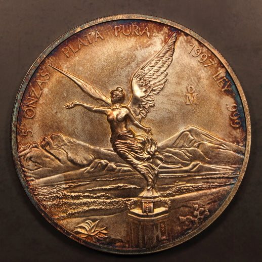 Mexico Libertad 5 Onzas 1997 - 5oz Silver Coin GemUnc w/ Nice Original Toning