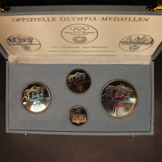 Germany 1972 Munich Olympics Official 4pc Pure Silver Medallion Set in Box