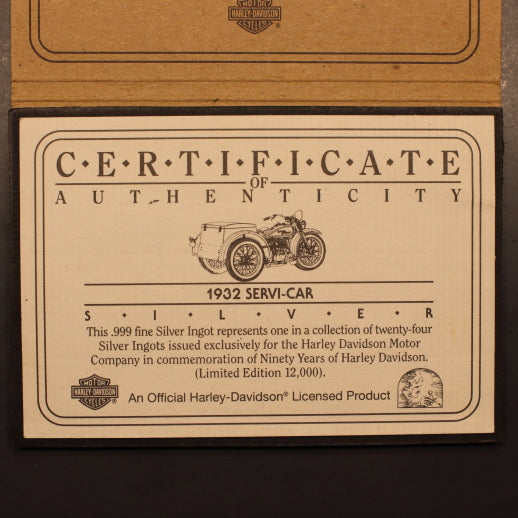 USA - Harley-Davidson 1932 Servi-Car - 43g Pure Silver Ingot w/ Orig Card & Cert