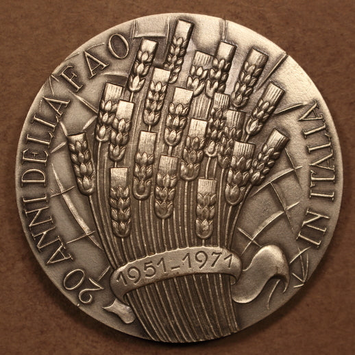 Italy - FAO 1951-1971 Silver Medal 68mm 209g Antiqued Matte Finish