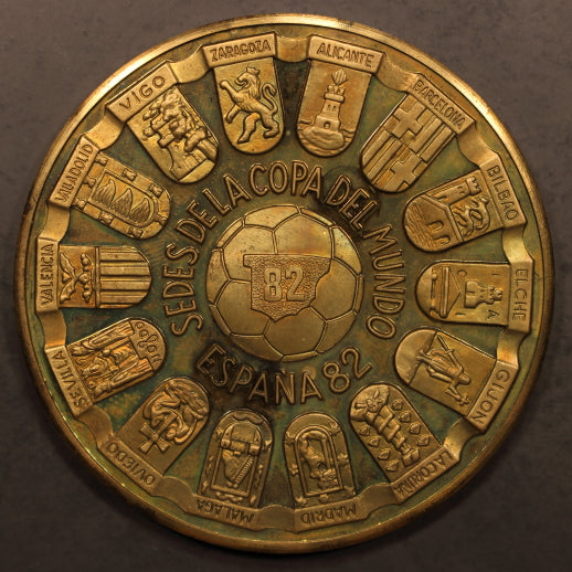 Spain 1982 World Cup Medal "14 Host Cities" 60mm Brass Unc Light Original Toning