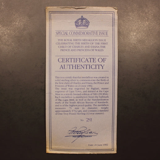 South Africa 1982 Birth of Prince William Medal - 1 Troy Pound(12oz) Sterling