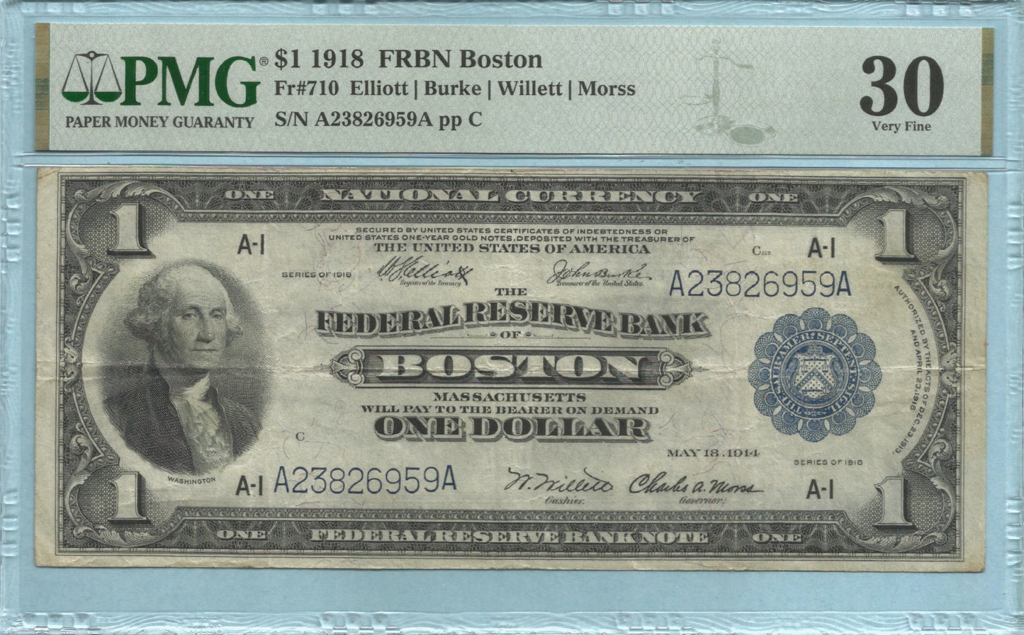 $1 Federal Reserve Bank Note 1918 - Fr#710 - (A) Boston - PMG 30