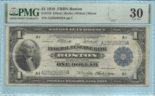 $1 Federal Reserve Bank Note 1918 - Fr#710 - (A) Boston - PMG 30