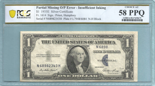 $1 Silver Certificate - 1935-E - Fr#1614 - PCGS 58 PPQ - Error Note - Insufficient Inking