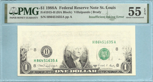$1 Federal Reserve Note - 1988-A - Error Note - PMG 55 EPQ - Insufficient Inking Error