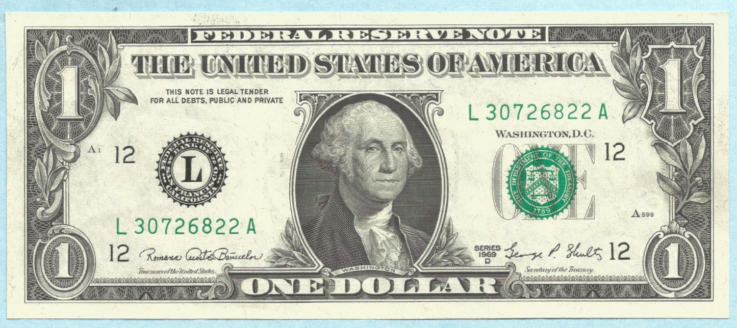 $1 Federal Reserve Note - 1969-D - ERROR NOTE - AU - Dramatic Face on Back Offset