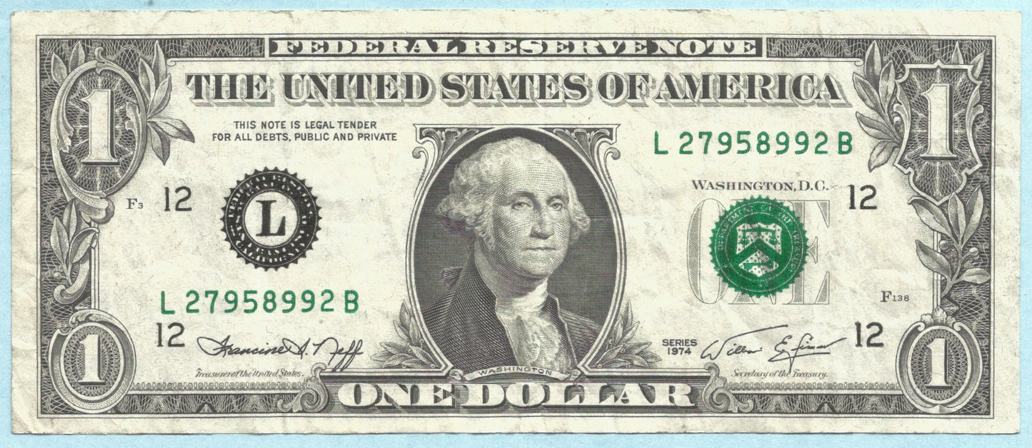 $1 Federal Reserve Note - 1974 - Error Note - VF+ - Over Inking on Seals