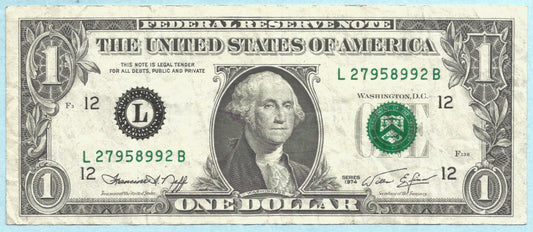 $1 Federal Reserve Note - 1974 - Error Note - VF+ - Over Inking on Seals