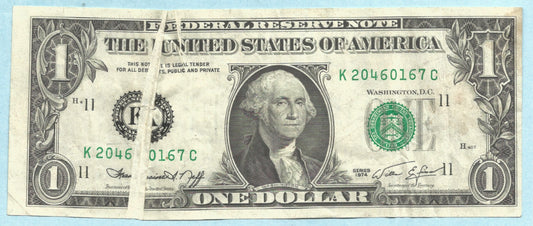 $1 - Federal Reserve Note - 1974 - Error Note - Gutter Folds - VF+/ChVF - Stain