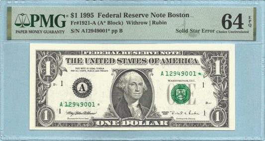 $1 Federal Reserve Note - 1995 - 1921-A* - PMG 64 EPQ - ERROR NOTE - Solid Star Error