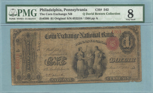 $1 National Currency 1865-Original - Ch#542 - Corn Exchange NB, Philadelphia, PA - PMG 8 - Pen Signatures